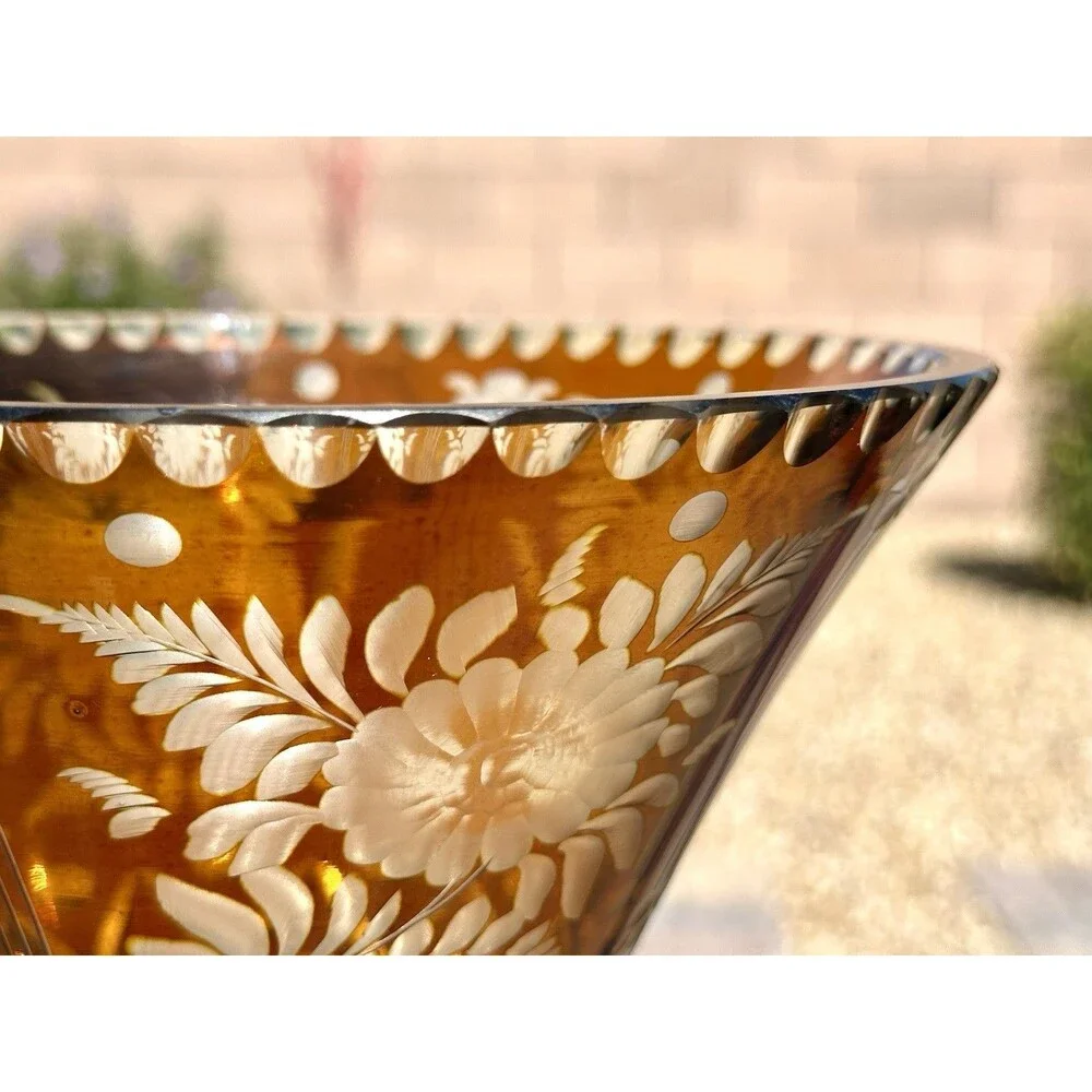 Vintage Bohemian Amber Flash Cut to Clear Glass Vase " Floral Engraved Czech - Picture 12 of 16